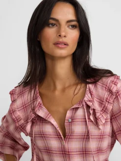 Silbon Camisas Y Blusas-Blusa cuello bobo cuadros s Rosa