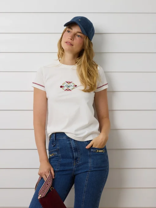 Silbon Camisetas, Polos Y Tops-Camiseta woman bordado etnico multicolor blanca Blanco