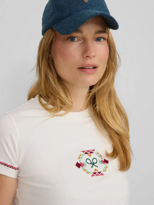 Silbon Camisetas, Polos Y Tops-Camiseta woman bordado etnico multicolor blanca Blanco