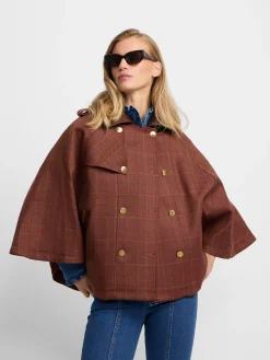 Silbon Abrigos Y Exterior-Capa detalles cuero cuadros marrones Rojo