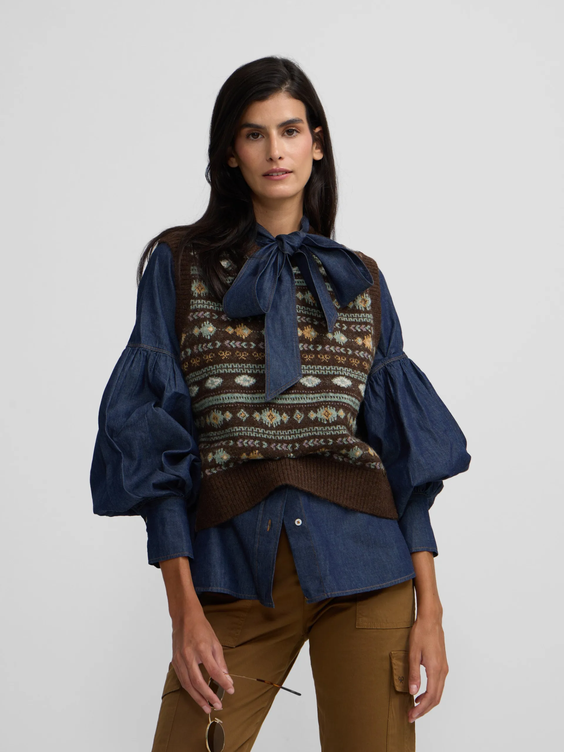 Silbon Chalecos|Punto-Chaleco punto lazada jacquard marron Azul
