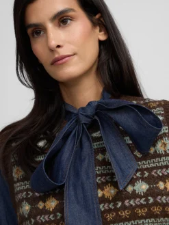 Silbon Chalecos|Punto-Chaleco punto lazada jacquard marron Azul