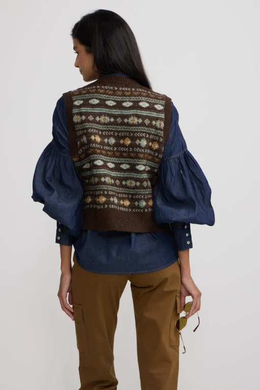 Silbon Chalecos|Punto-Chaleco punto lazada jacquard marron Azul