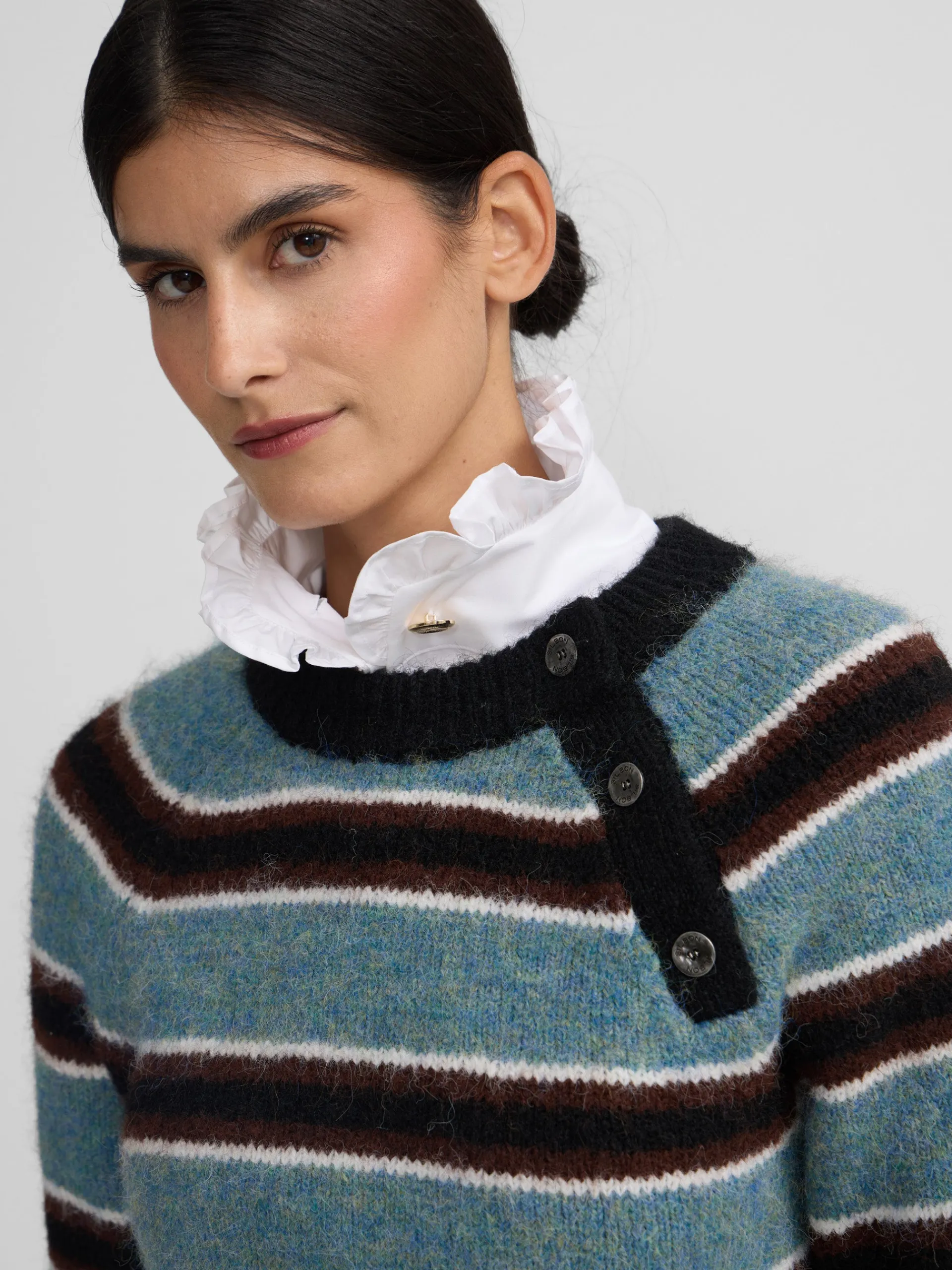 Silbon Punto-Jersey botones rayas azul y negro Azul marino