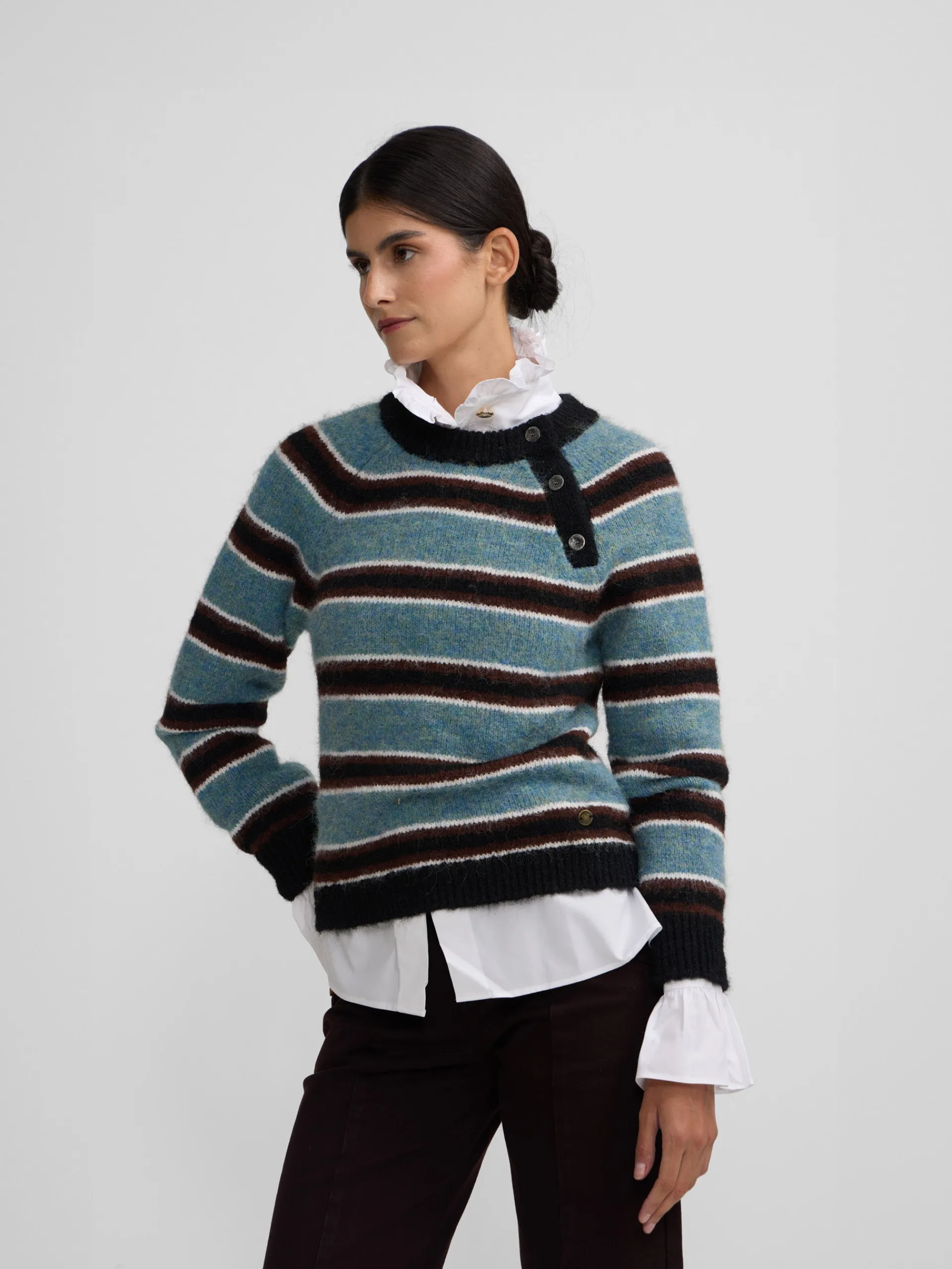 Silbon Punto-Jersey botones rayas azul y negro Azul marino