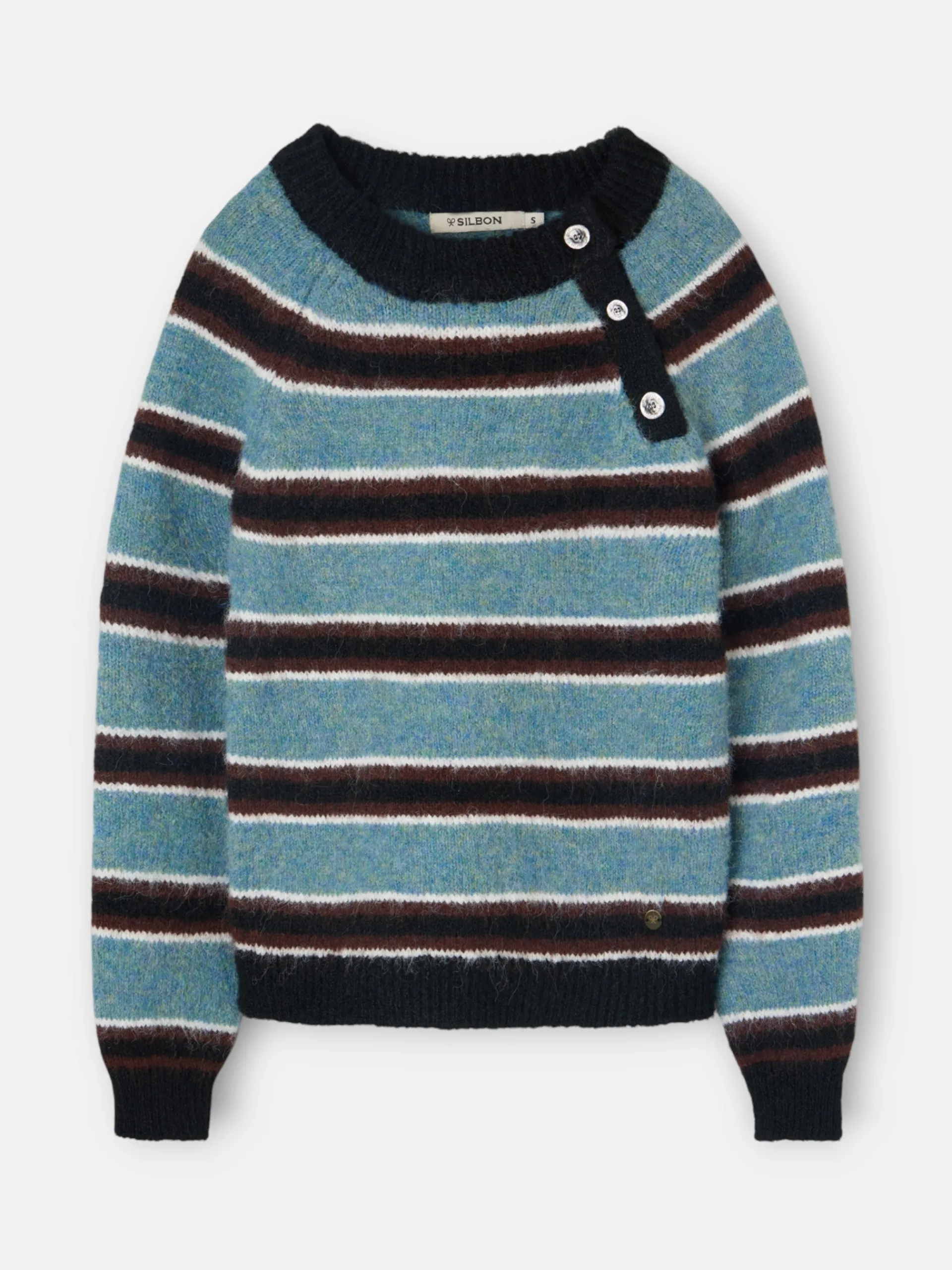 Silbon Punto-Jersey botones rayas azul y negro Azul marino