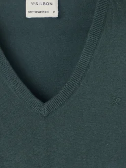 Silbon Smart Casual·Jerséis Y Cárdigan-Jersey cuello pico retro verde oscuro Verde oscuro