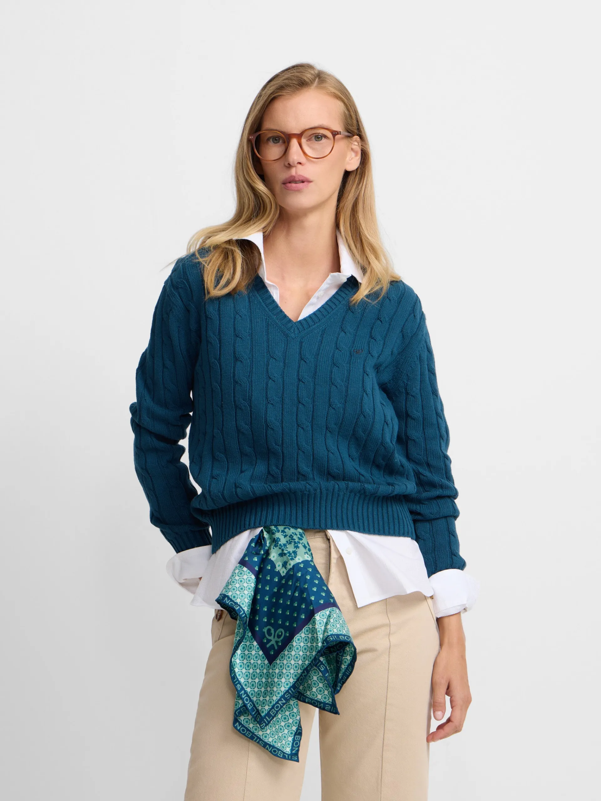 Silbon Punto-Jersey punto cuello pico Verde