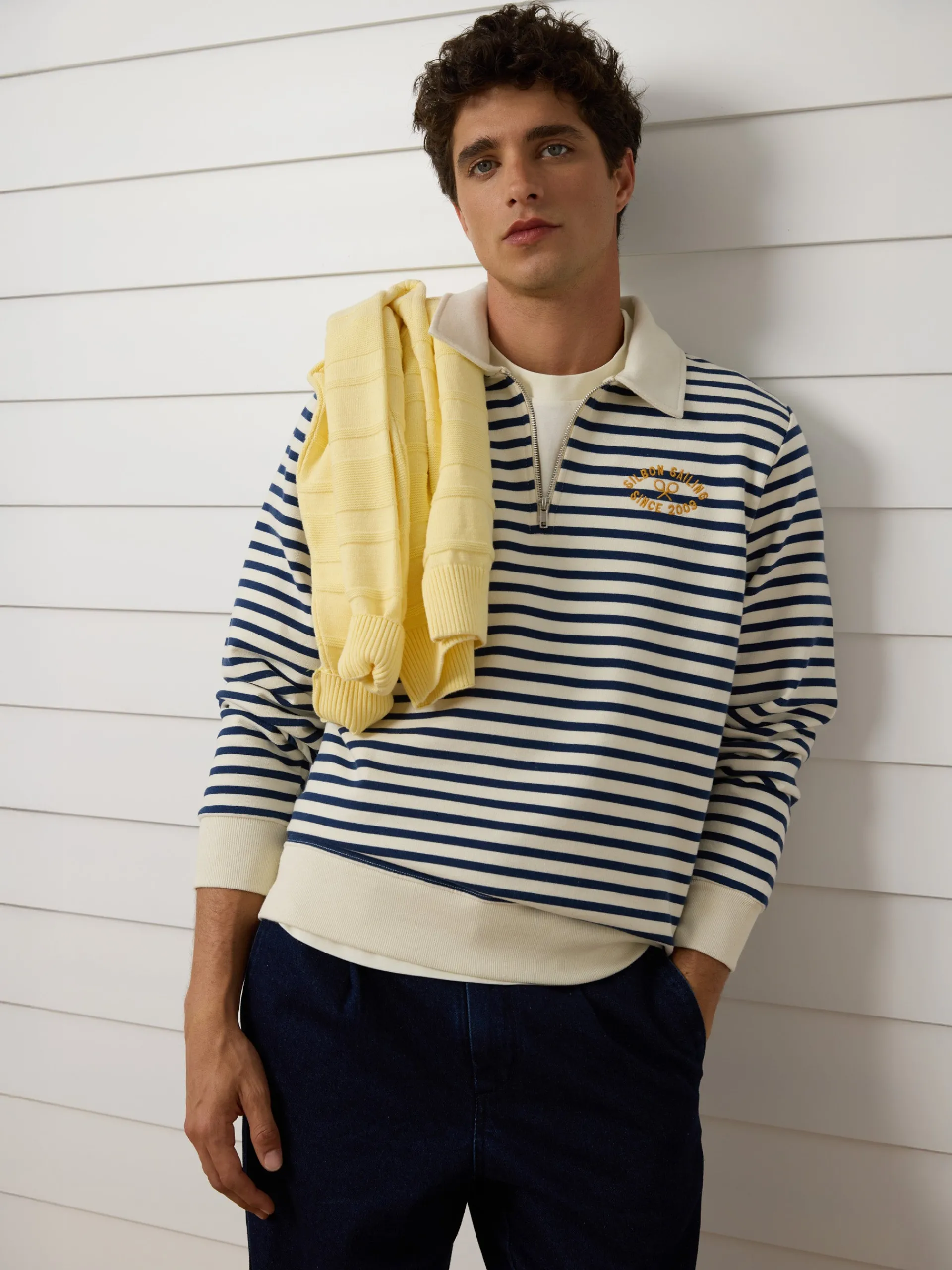 Silbon Smart Casual·Sudaderas-Sudadera media cremallera raya media azul marino Azul marino