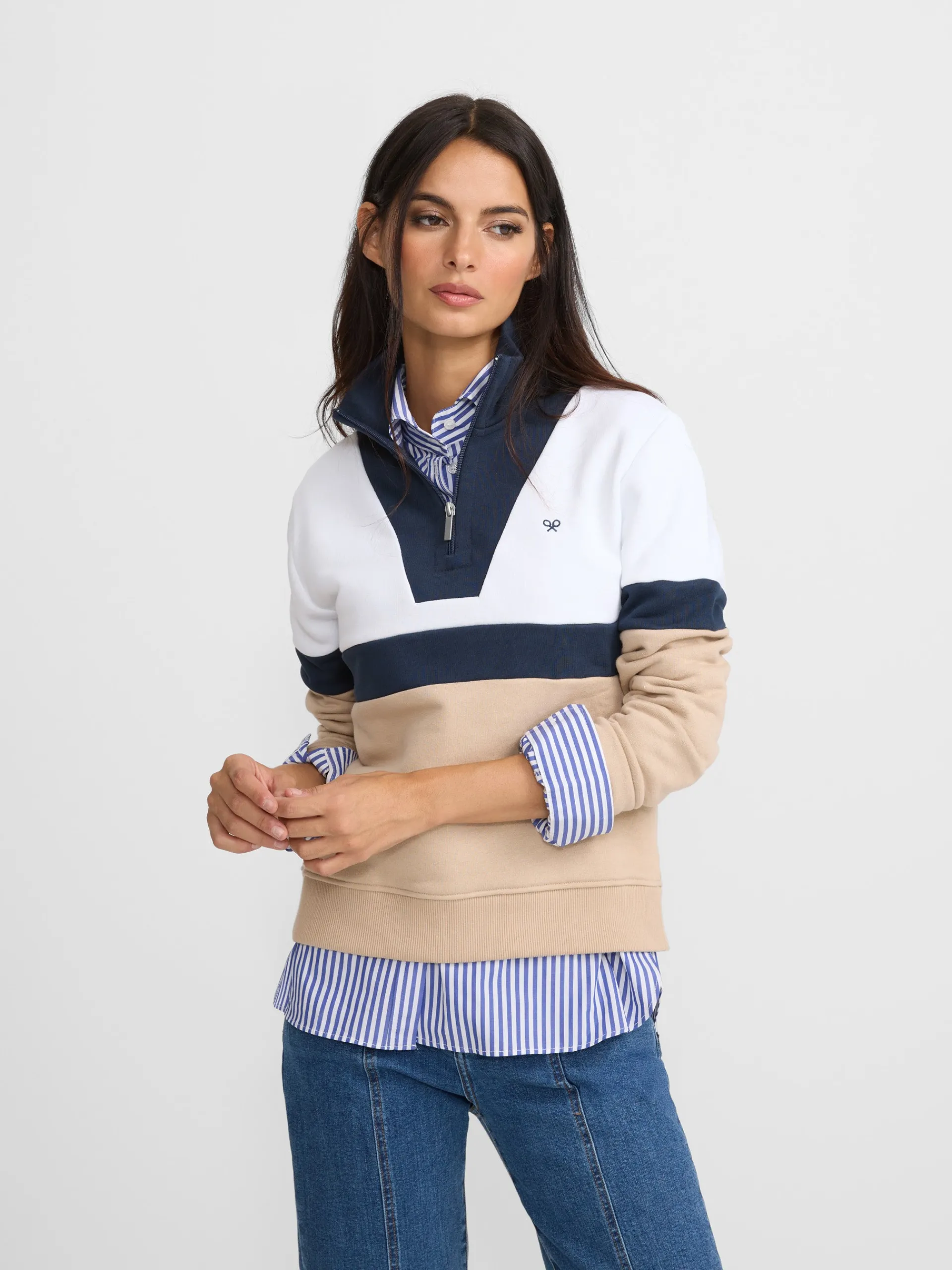 Silbon Sudaderas-Sudadera woman tricolor azul marino y beige Negro y beige
