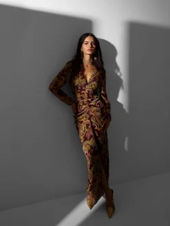 Silbon Vestidos, Monos Y Faldas-Vestido largo abertura estampado cachemir Burdeos