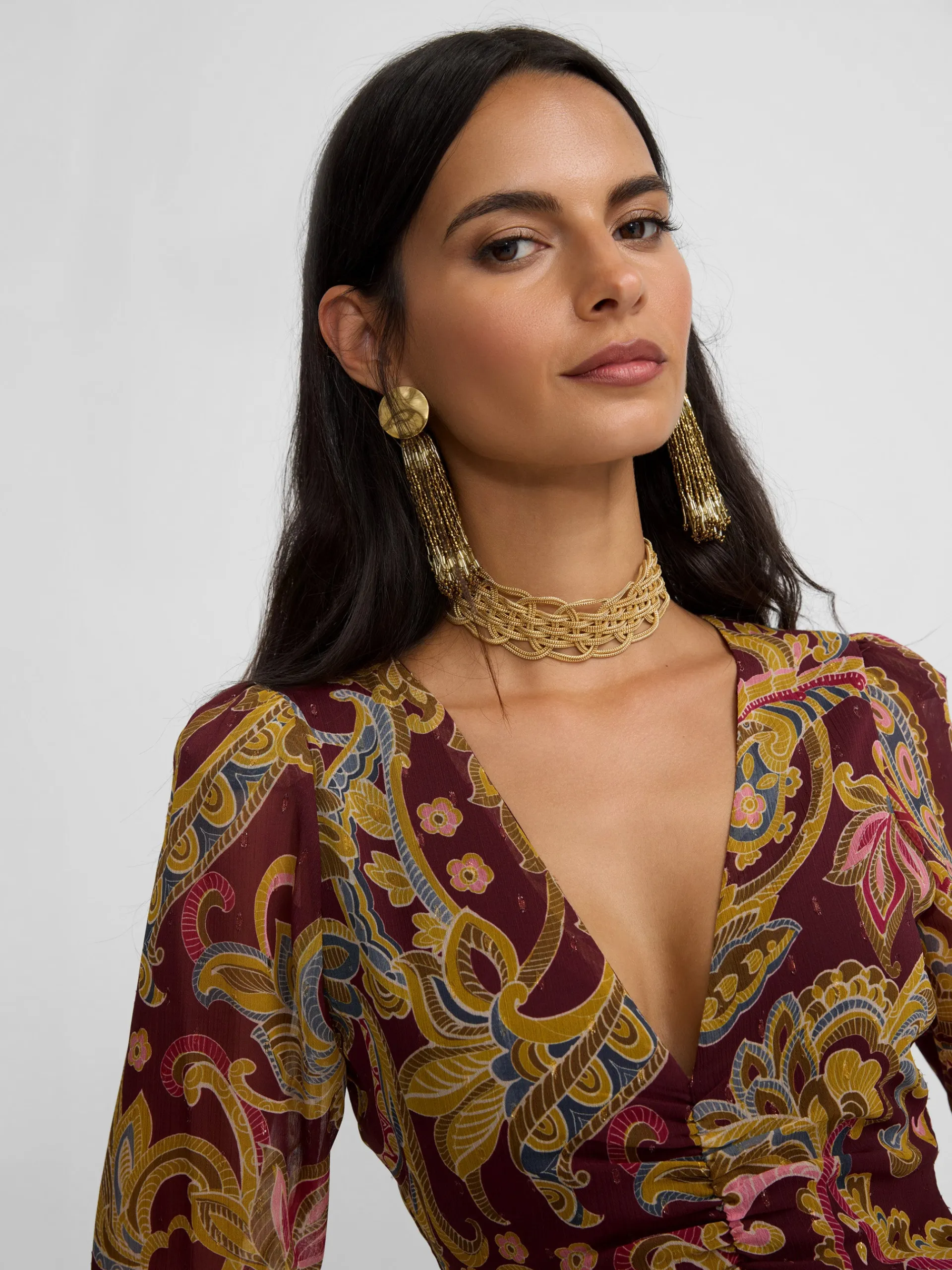 Silbon Vestidos, Monos Y Faldas-Vestido largo abertura estampado cachemir Burdeos